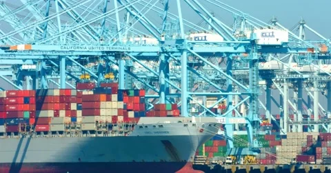 Cargo container ship and cranes during the heat wave in Los Angeles port, 4K Stock Footage 67820076