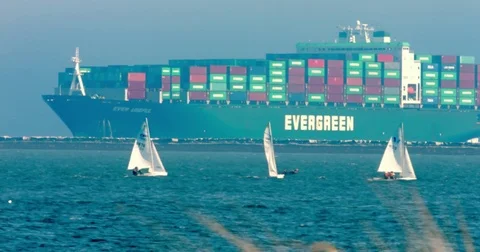 Cargo container ship and pusher tugs enters Los Angeles sea port, California Stock Footage 72639931