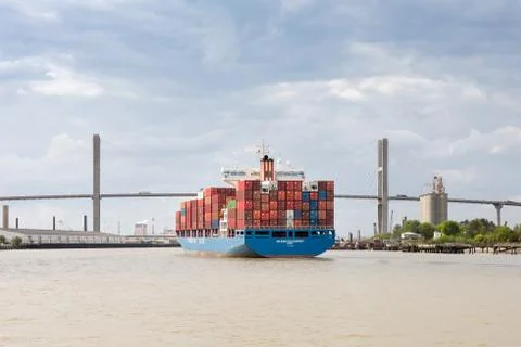 Cargo Container Ship Approaching Port of Savannah, GA Stock Photos