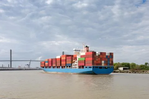 Cargo Container Ship Approaching Port of Savannah, GA Stock Photos