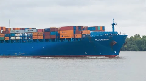 Cargo Container Ship Closeup Passing on Mississippi River Stock Footage 61106913