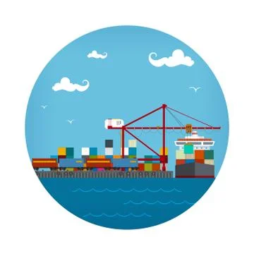 Cargo Container Ship at the Dock Stock Illustration