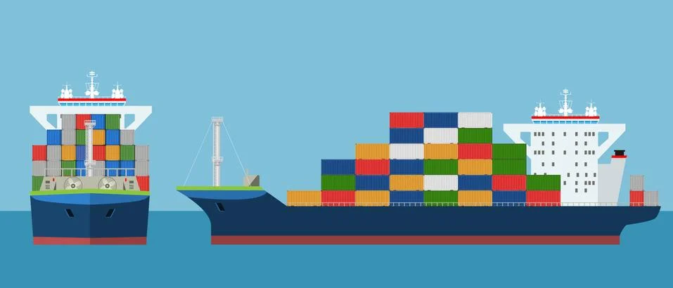 Cargo Container ship with front and side view. Freight Transportation concept Stock Illustration