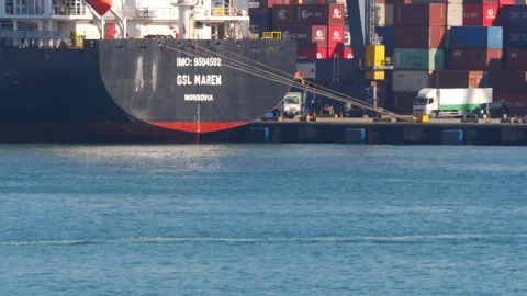 Cargo container ship GSL Maren docked at Hong Kong port terminal Stock Footage 337834293