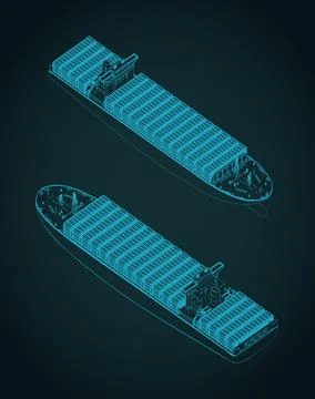Cargo container ship isometric blueprints Stock Illustration