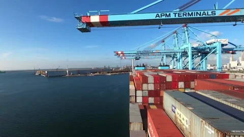 Cargo Container ship loading and unloading in deep sea port. Stock Footage 219937460