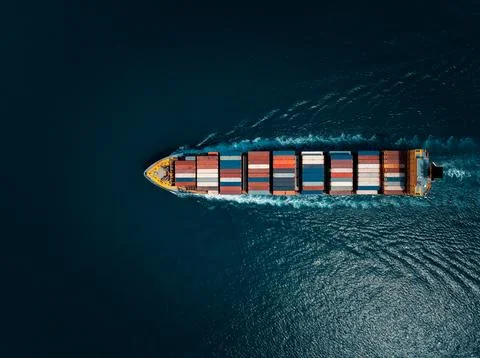 Cargo Container Ship Navigating Blue Sea Near Si Racha Chon Buri Thailand A.. Stock Photos