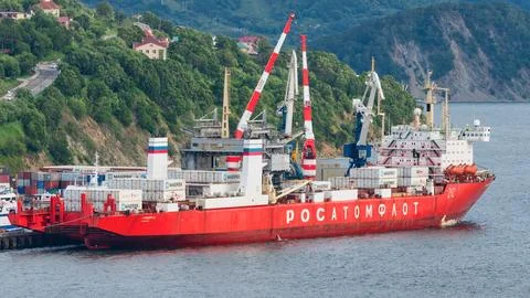 Cargo container ship nuclear powered icebreaker Sevmorput Russian Corporation Stock Photos
