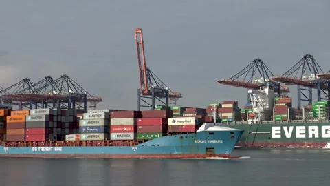 Cargo container ship passing docked ships on the Dutch Maasvlakte Stock Footage 307927289