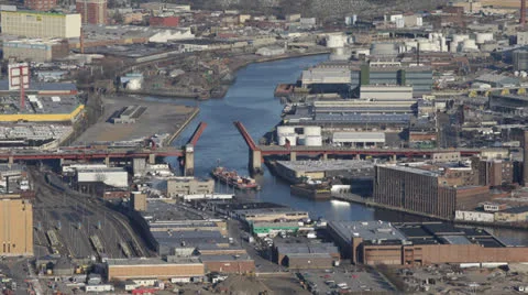 Cargo Container Ship Passing, Queens, Newtown Creek, Long Island, Pulaski Bridge Stock Footage 24706185