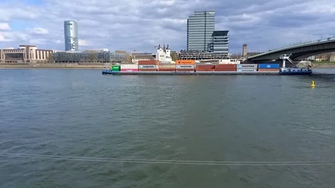 Cargo container ship on the Rhine river Видео 333927826