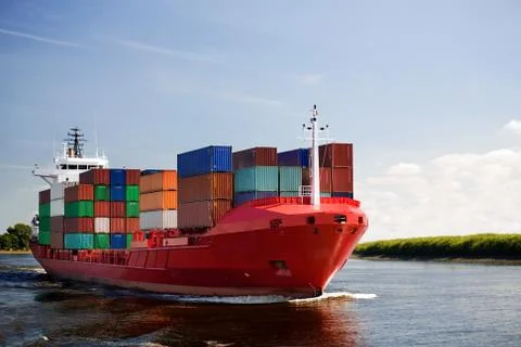 Cargo container ship on river Stock-Fotos