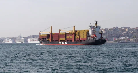 Cargo container ship sailing on the Bosphorus strait in Istanbul, Turkey Stock Footage 318682297