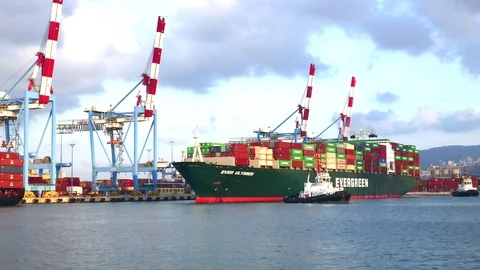 Cargo container ship sails out of port time lapse Stock Footage 90507171