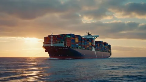 Cargo Container Ship at Sea During Sunset Stock Footage 317361148