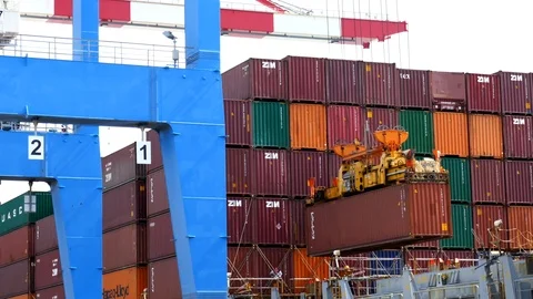 Cargo container ship to shore crane 4k intro outro for business  Stock Footage 99816862