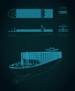 Cargo container ship technical drawing and 3D wireframe model on blue backg.. Illustrazione stock