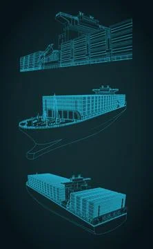 Cargo container ship technical drawing blueprint vector set Stock Illustration