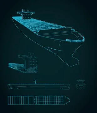 Cargo container ship technical drawing and 3D wireframe model on blue backg.. Illustrazione stock