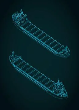 Cargo container ship technical isometric blueprints on blue background Illustrazione stock