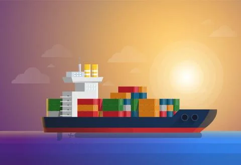 Cargo container ship transports containers at the blue ocean. Flat and solid Illustrazione stock