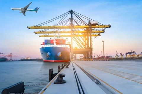 Cargo container ship under the crane in the international yard port for loadi Stock Photos