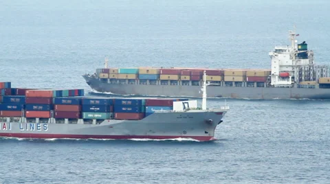 Cargo Container Ships Passing Stock Footage 28331640