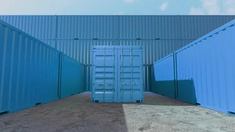 Cargo container sitting in shipping yard with stacks of containers behind イラスト素材