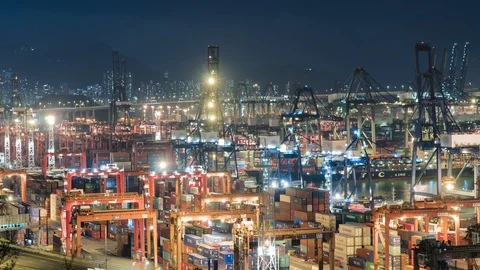 Cargo Container Terminal . Time lapse of Commercial Dock at Night Shipping Видео 116655791