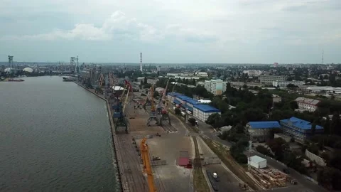 Cargo container transport ship and crane sea port industrial district.  Stock Footage 196381628