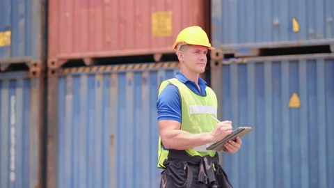 Cargo container worker or foreman walk in scene and record into tablet Stock-Footage 146714071