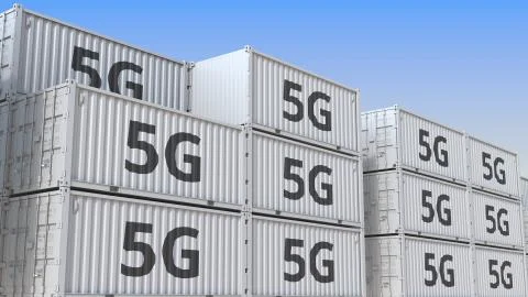 Cargo containers with 5G text, 3D rendering Illustrazione stock