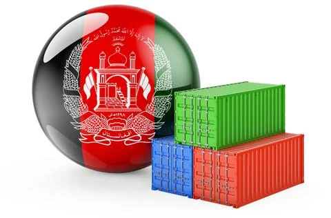 Cargo containers with Afghan flag. Freight shipping in Afghanistan, 3D render Illustrazione stock