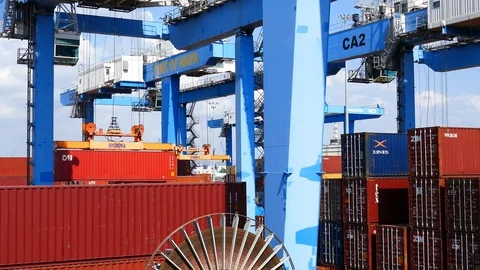 Cargo containers and container cranes in the port 4k intro outro for business  Stock Footage 92139912