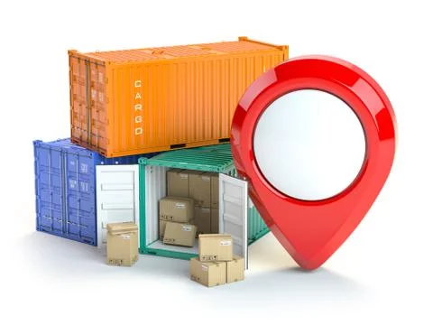 Cargo containers and pin isolated on white. Delivery, shipping and storage se Stockillustratie