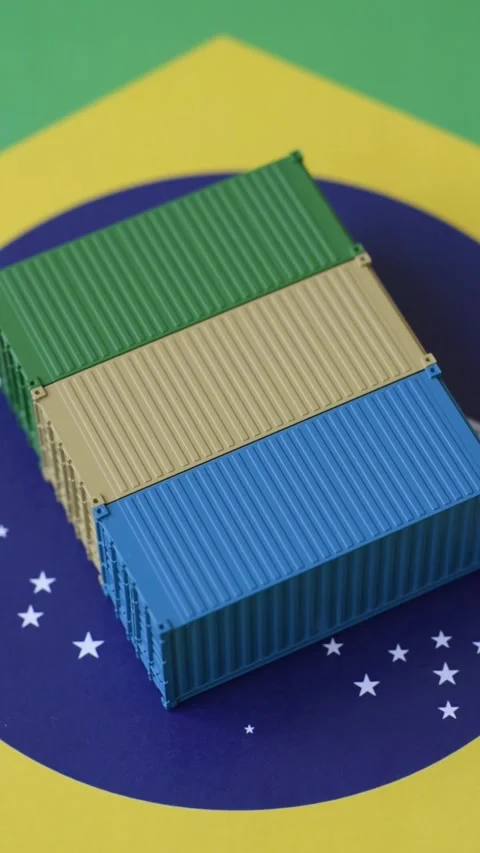 Cargo containers on the brazil flag as a conceptual backdrop for goods export. C Stock Footage 338388955
