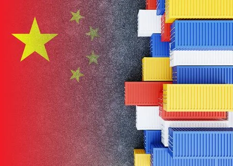 Cargo containers with China flag. Top View Stock Illustration