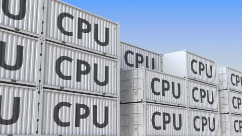 Cargo containers with computer CPUs. 3D rendering Stock Illustration