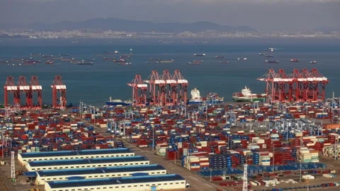 Cargo containers delivery time lapse. Freight shipping in port. Seaport harbor. Stock Footage 321121766