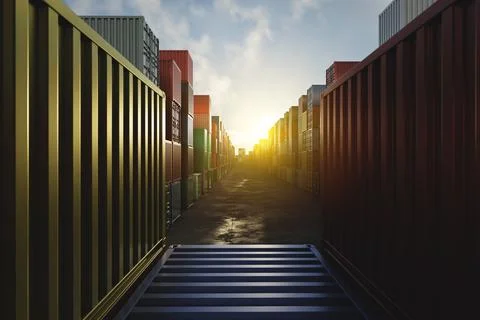 Cargo containers of different colors for logistics import-export business Stock Photos