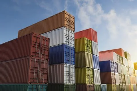 Cargo containers of different colors for logistics import-export business Stock Photos