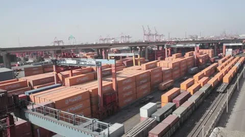 Cargo containers docked in the harbor. Stock Footage 12717932