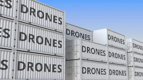 Cargo containers with drones. 3D rendering Stock Illustration