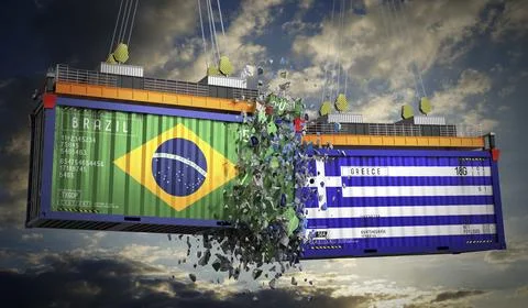 Cargo containers with flags of Brazil and Greece Stock Illustration