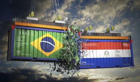 Cargo containers with flags of Brazil and Paraguay Ilustração Stock