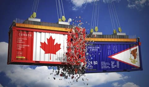 Cargo containers with flags of Canada and American Samoa Illustrazione stock