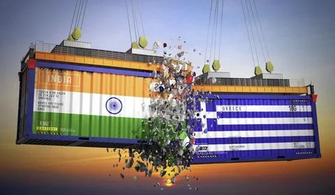 Cargo containers with flags of India and Greece Stock Illustration