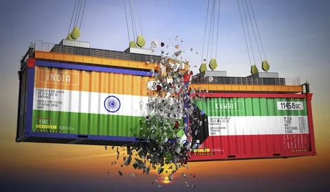 Cargo containers with flags of India and Kuwait Stock Illustration