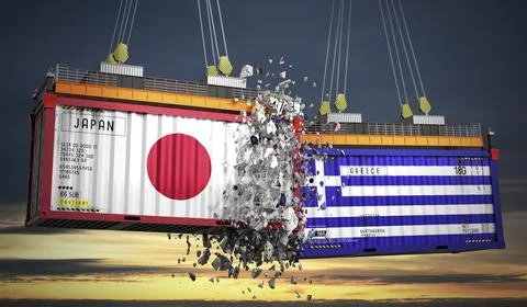 Cargo containers with flags of Japan and Greece Stock Illustration