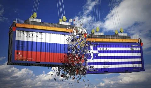 Cargo containers with flags of Russia and Greece Stock Illustration